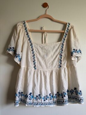 Old Navy Cream Peasant Blouse with Blue Embroidery